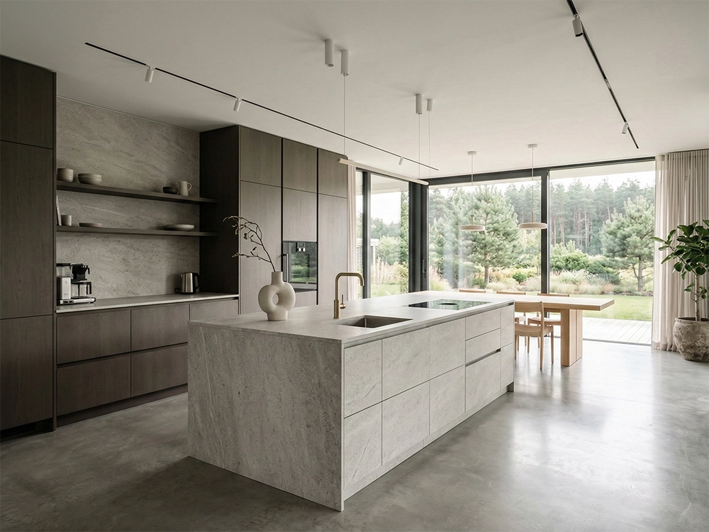 Современная кухня с каменным островом темными шкафами и столом