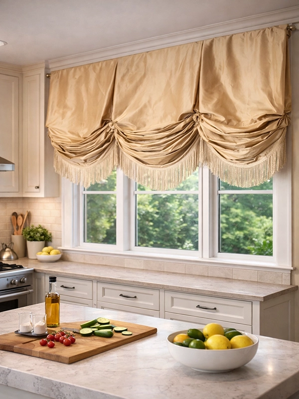 Сиреневые шторы с жестким ламбрекеном на окне