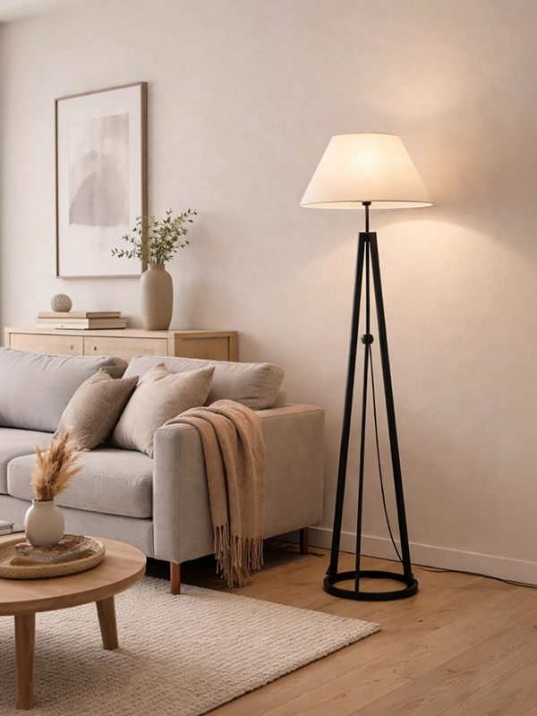 Напольный торшер с темной ножкой и широким светлым тканевым абажуром цвета слоновой кости рядом с диваном