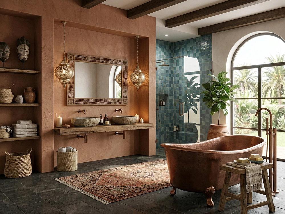 Медная ванна, каменные раковины, синяя плитка, терракотовые стены, зеленые растения у окна.
