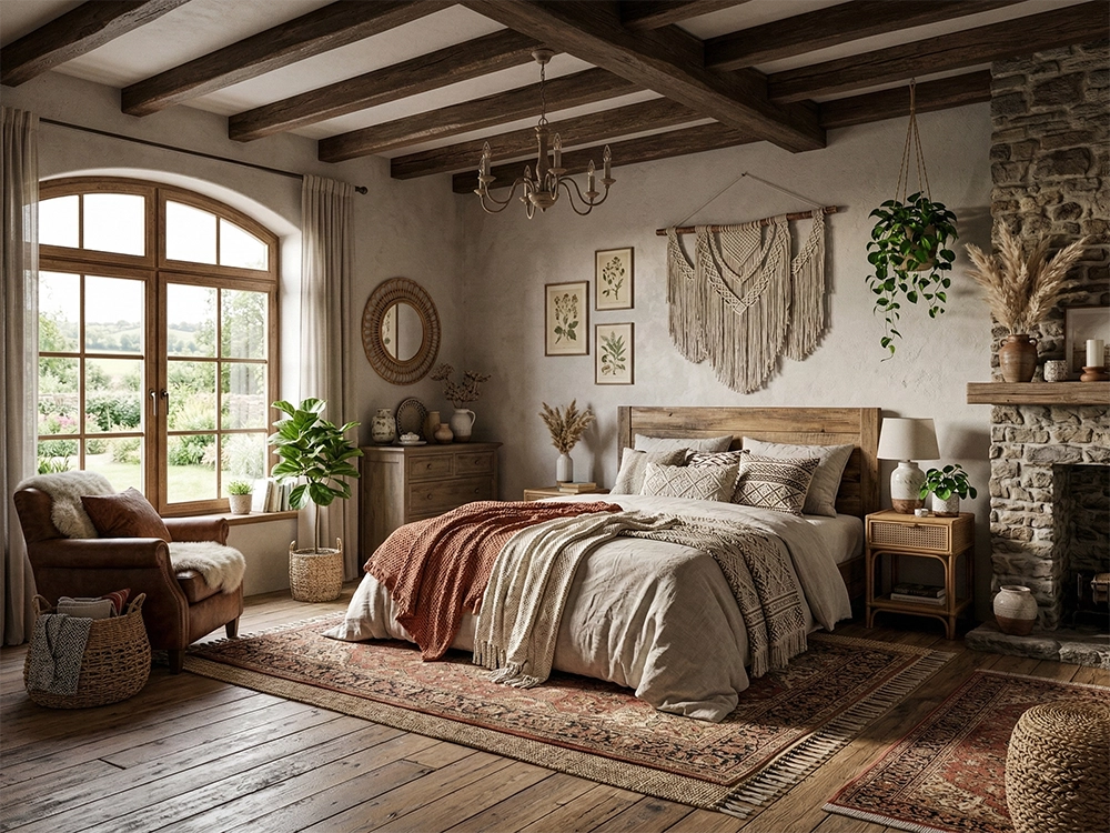 Деревянная кровать, панно макраме, коричневое кожаное кресло, каменный камин, потолочные балки, ковер.