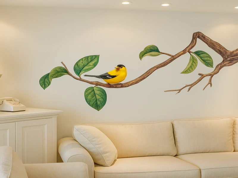 Декоративный виниловый стикер с силуэтным рисунком наклеенный на светлую стену для украшения интерьера