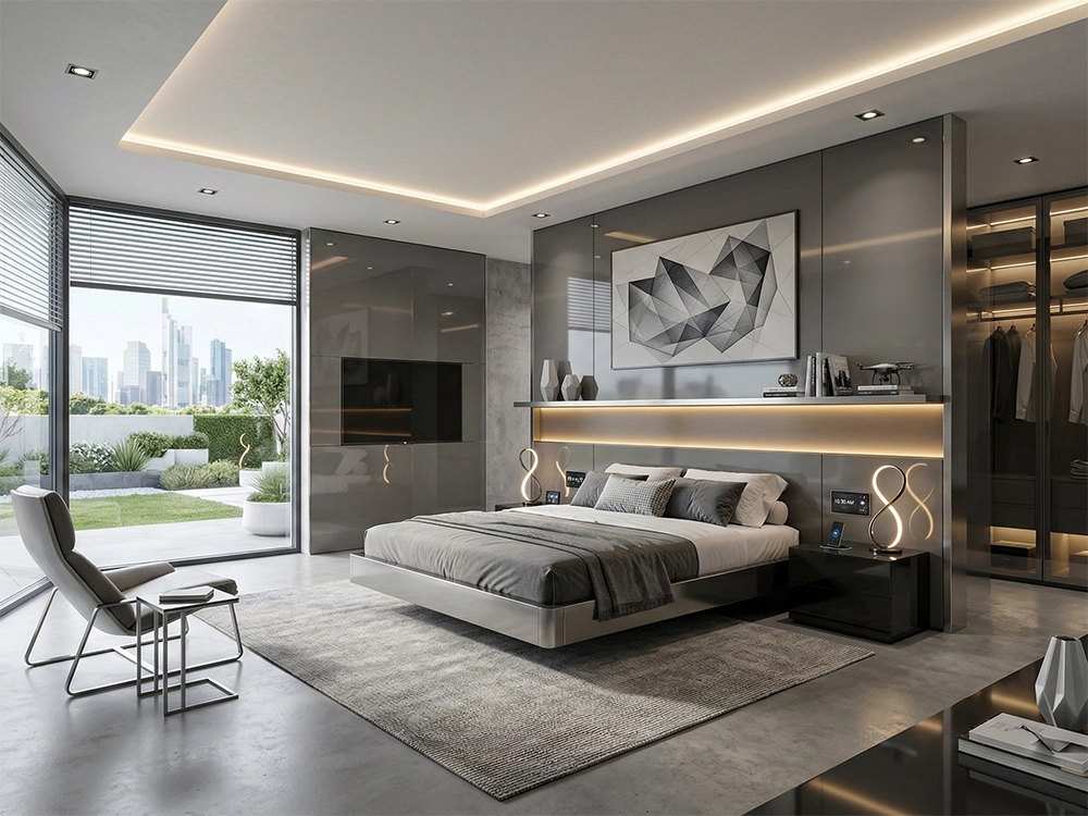 Спальная комната с глянцевыми стеновыми панелями, двуспальной кроватью, дизайнерскими светильниками и гардеробной.