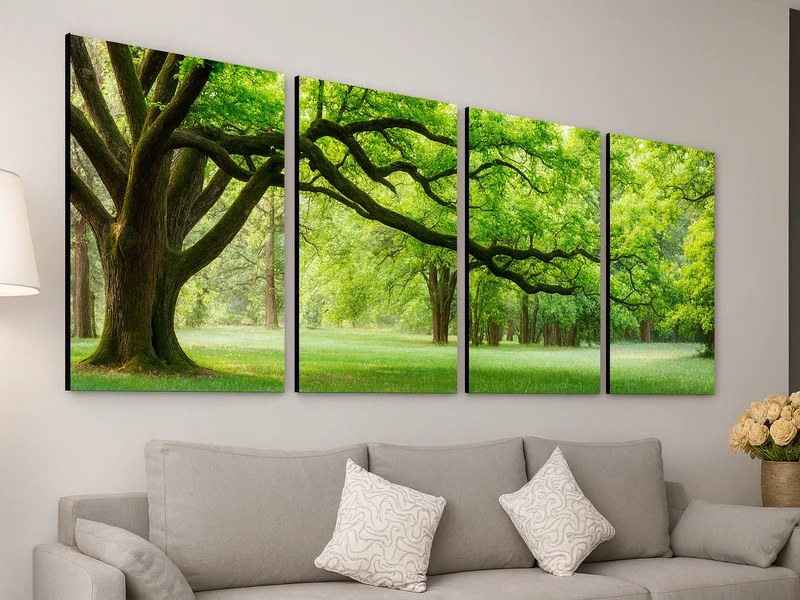 Вариант картины среднего размера размещенной на стене в зоне отдыха над мягкой мебелью в комнате