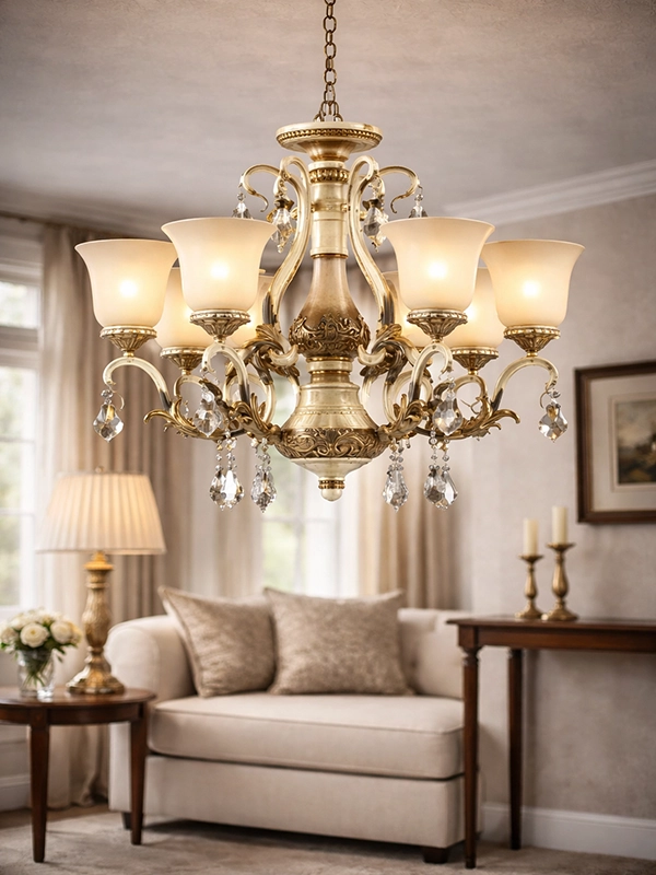 Люстра в строгом стиле с тканевыми плафонами абажурами