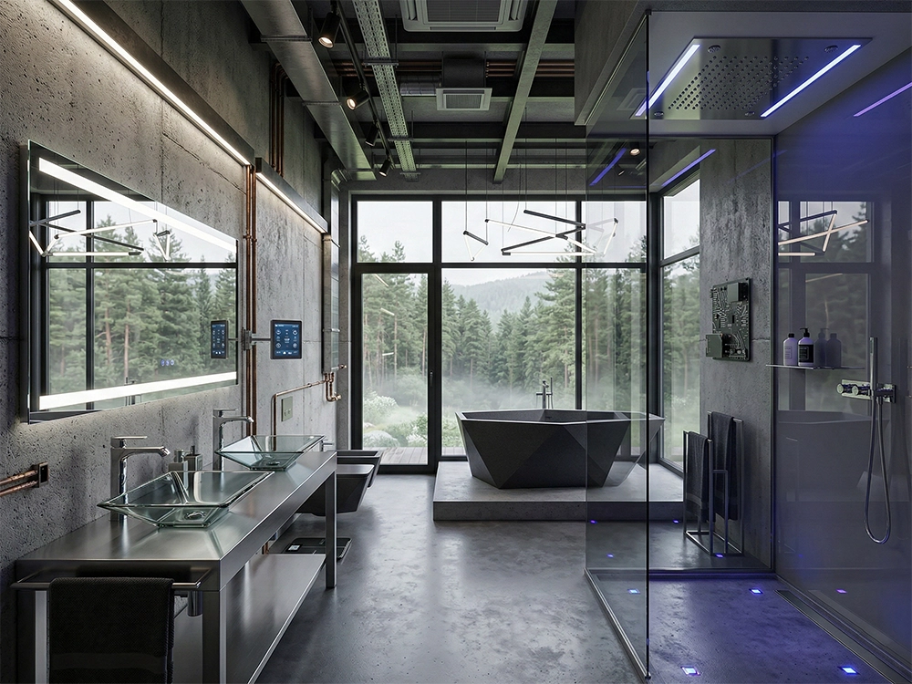 Интерьер ванной с архитектурным бетоном, черной многогранной ванной и стеклянной душевой кабиной.