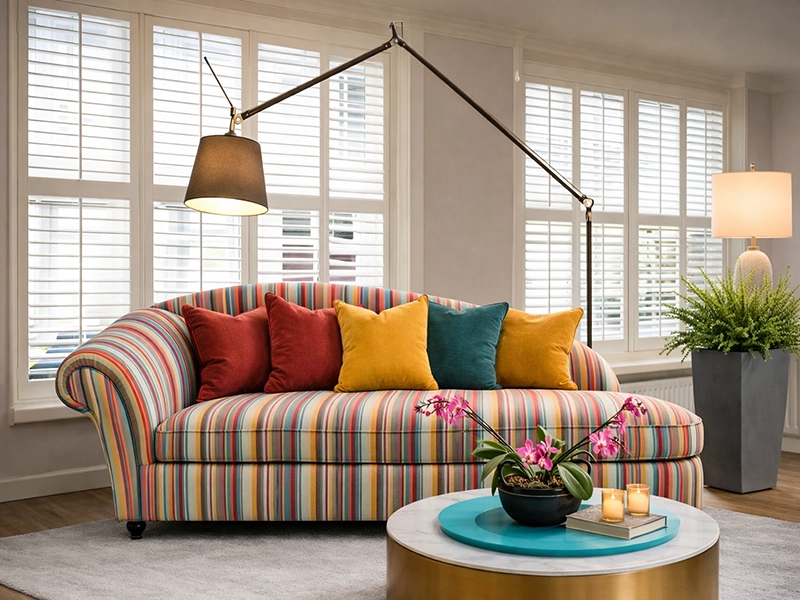 Напольный торшер на металлической ножке с бежевым абажуром