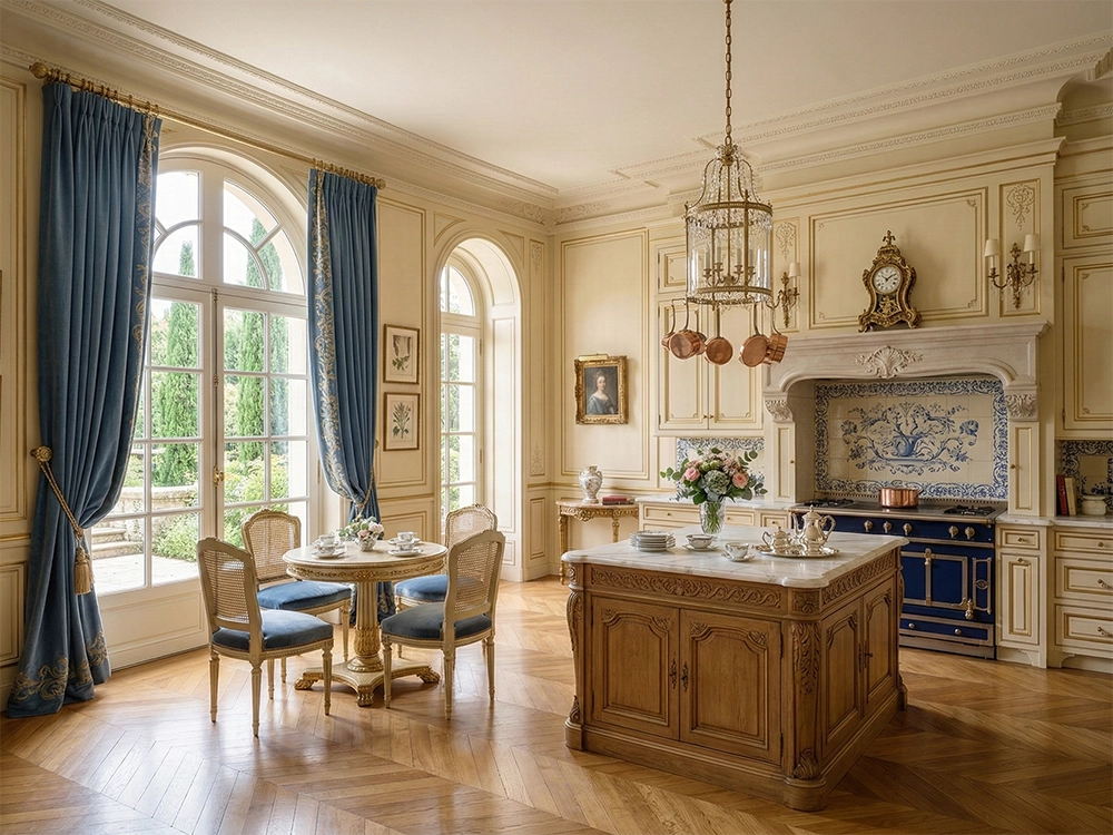 Кухня с деревянным островом синей плитой круглым столом стульями и арочными окнами