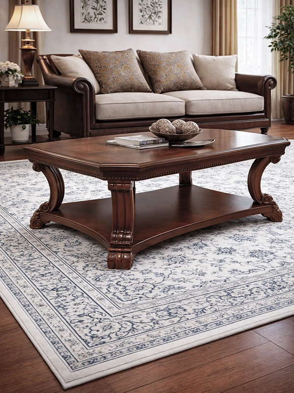 Деревянный журнальный столик со стеклом в комнате