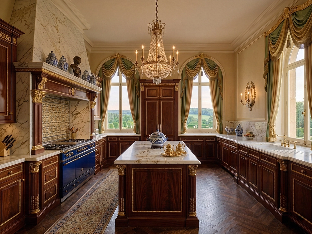 Кухня с кухонным островом, деревянной мебелью, синей плитой и мраморными столешницами.