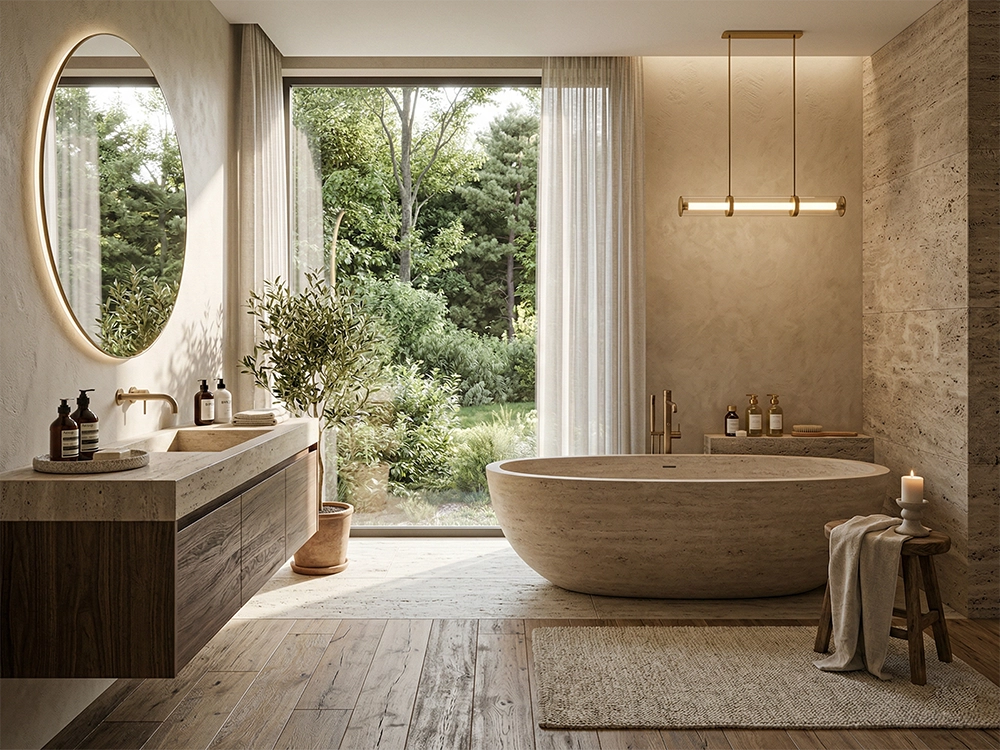 Просторная ванная комната оборудована отдельностоящей каменной ванной, деревянной тумбой и круглым зеркалом.