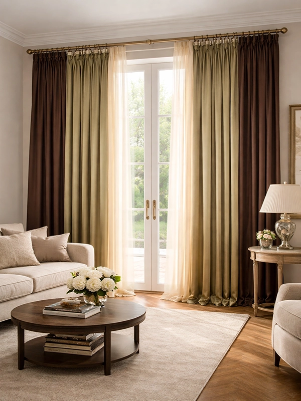 Двухцветные портьеры коричневого и оливкового оттенков с тюлем шампань