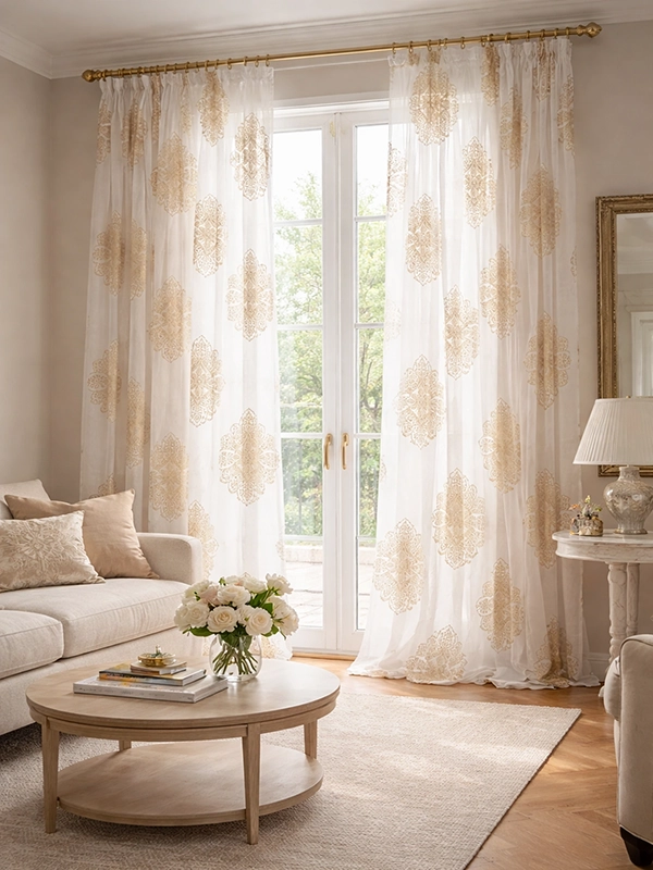 Комбинация однотонных штор и тюля с орнаментом в светлой гамме