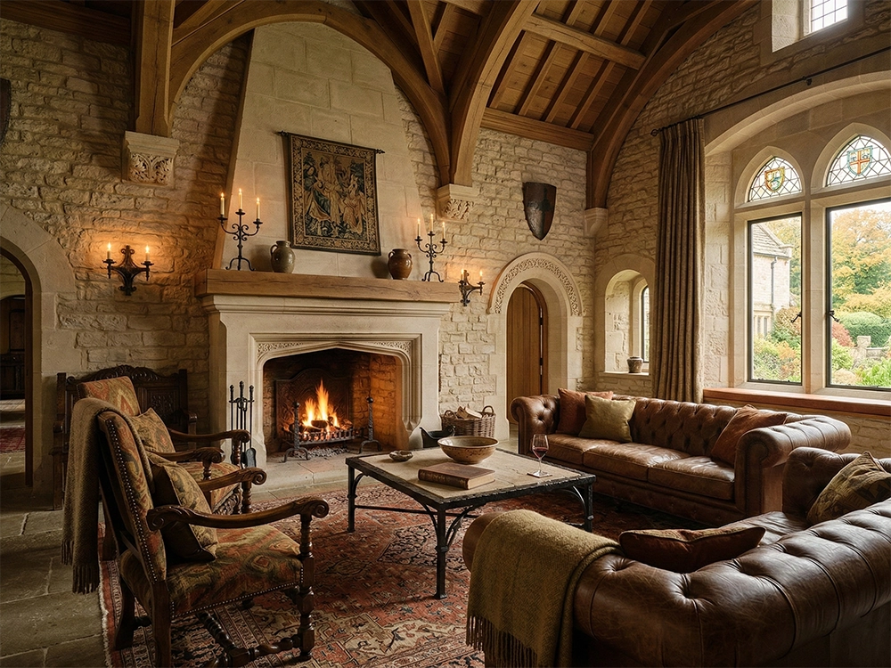 Гостиная с каменными стенами, камином, кожаными диванами и деревянным потолком