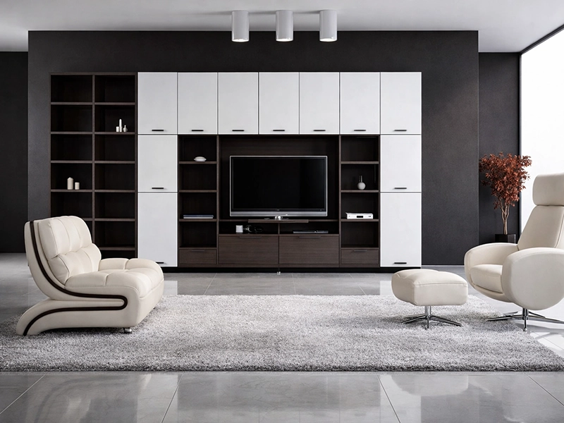 Низкая мебель под телевизор с декоративными секциями