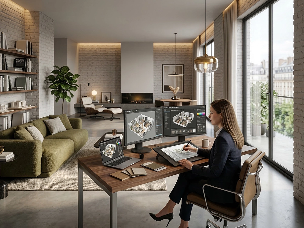 Женщина использует стилус на графическом планшете перед мониторами с трехмерной визуализацией комнаты.
