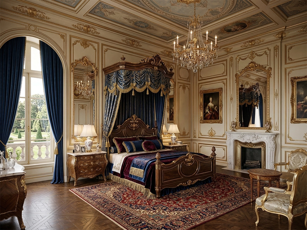 Роскошная спальня с кроватью с балдахином, антикварным комодом и мраморным камином