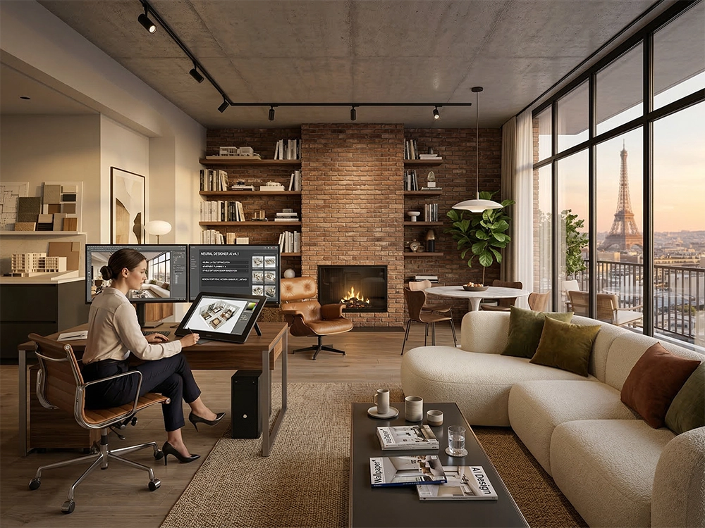 Профессиональный проектировщик работает за графическим планшетом в гостиной с большими панорамными окнами.