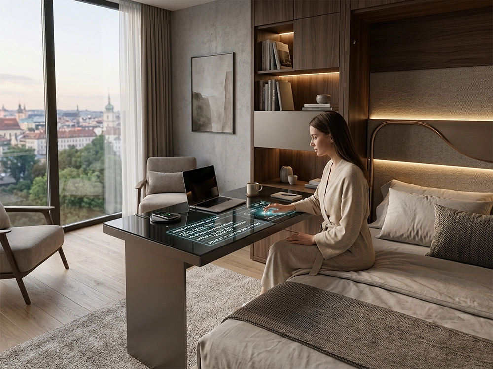 Пользовательница настраивает широкоформатный светящийся цифровой дисплей стеклянного стола спальни.