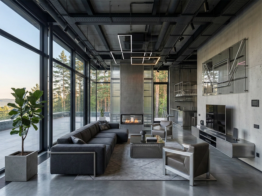 Интерьер гостиной с серым диваном, камином, металлическими конструкциями и панорамным остеклением.
