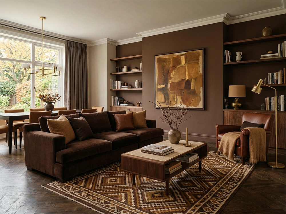 Коричневый велюровый диван, деревянный журнальный столик и кожаное кресло в комнате с полками.