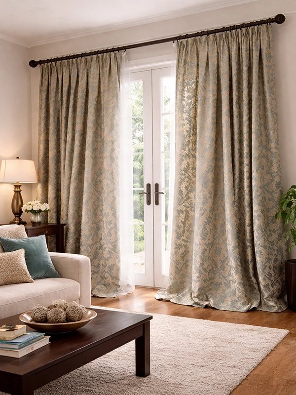 Интерьер гостиной с мягкими шторами и подушками