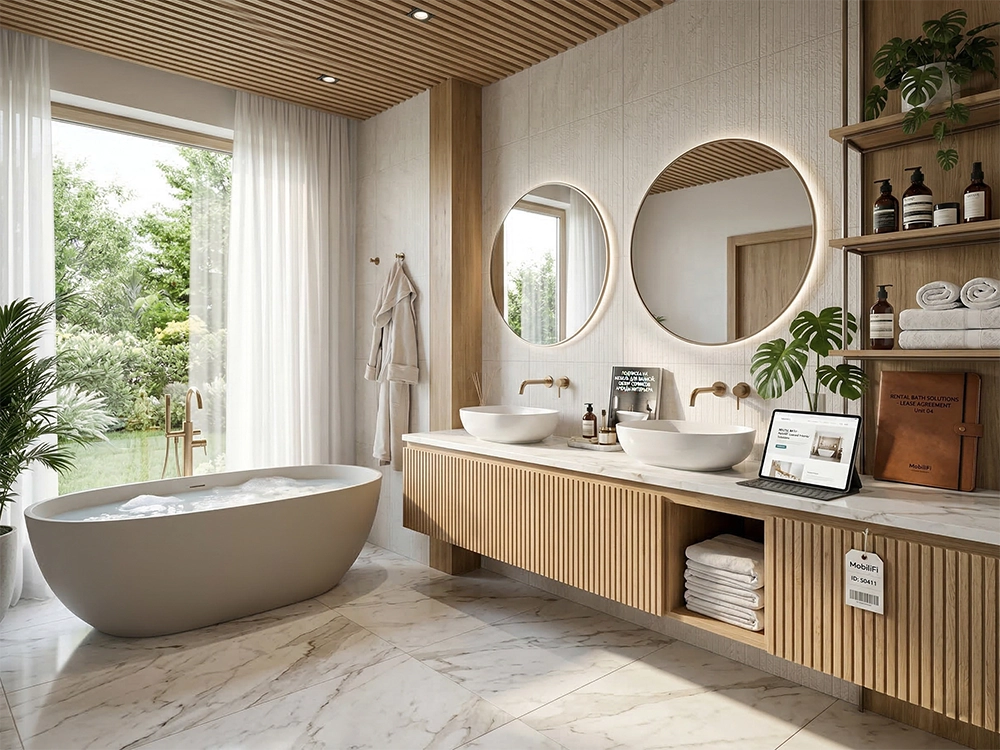 Великолепная ванная комната оборудована отдельностоящей ванной вместительной деревянной тумбой и зеркалами