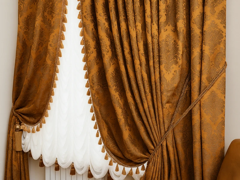 Комплект штор и тюля на окне в сочетании с потолочной люстрой подобранные в тон интерьера комнаты