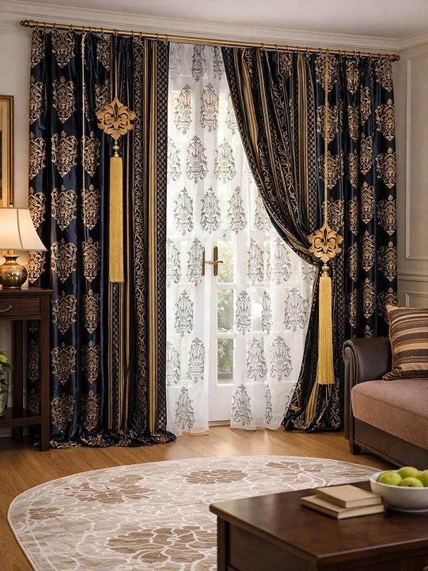 Образцы классических портьер с орнаментом и кистями в коричневой гамме