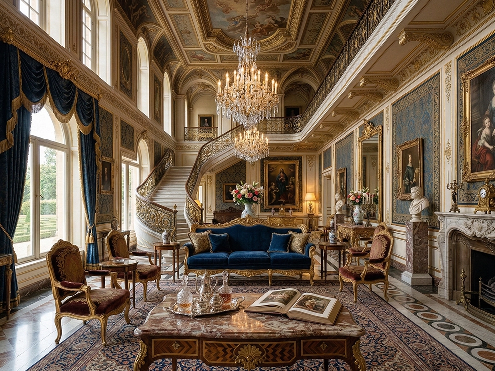 Классическая гостиная с синей мебелью, мраморным камином и лепниной на потолке