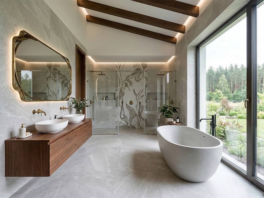 Большая белая ванна, стеклянный душ с мозаикой и деревянная тумба с двумя раковинами.