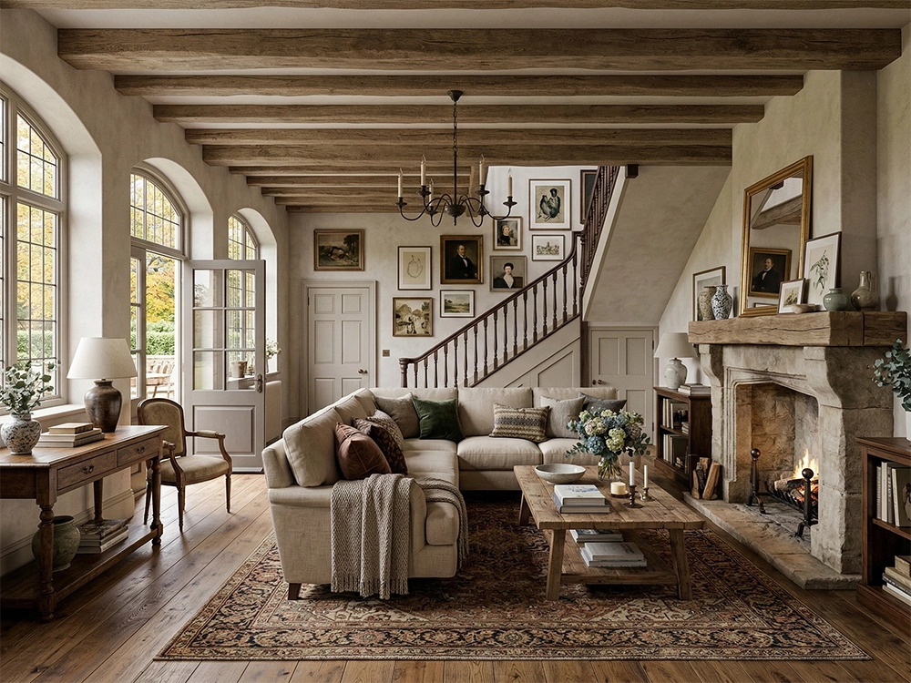 Бежевый угловой диван, деревянный стол, каменный камин, лестница, картины на стене, люстра