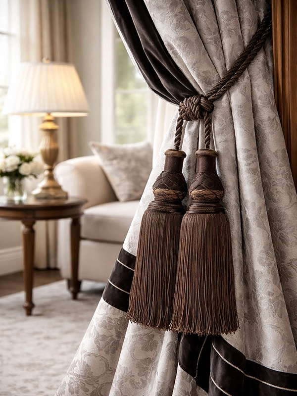 Декоративная широкая тесьма с узором на стыке тканей