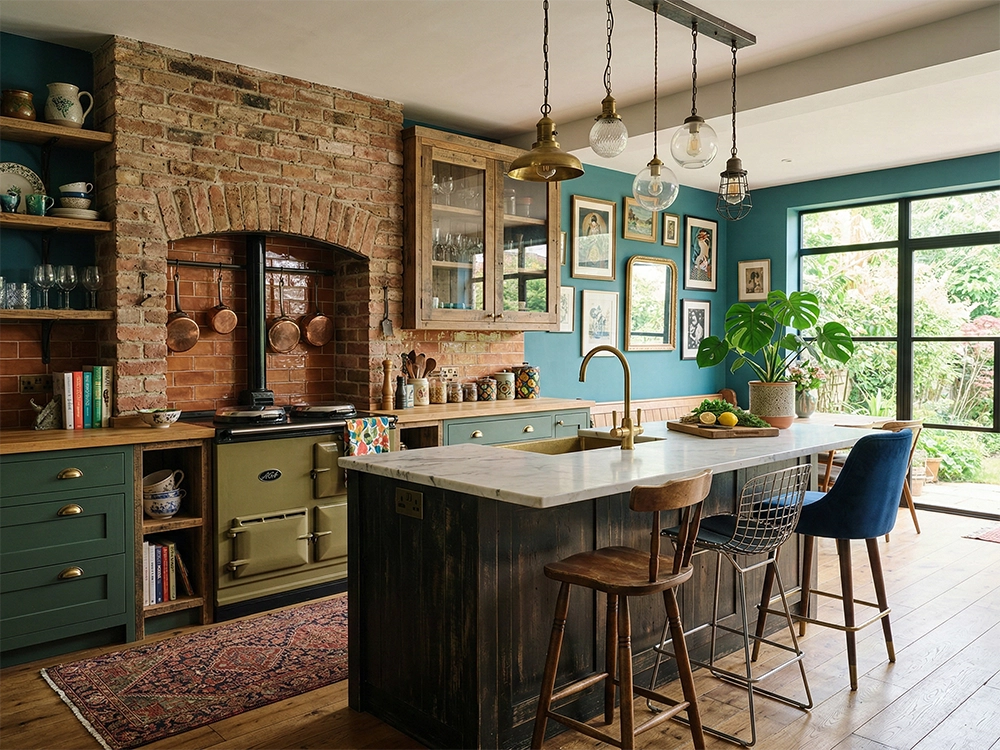 Зеленые кухонные шкафы белый мраморный остров кирпичная арка зеленая плита стулья