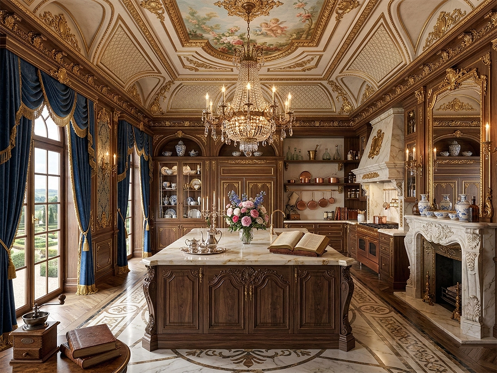 Интерьер кухни с массивным островом, камином, хрустальной люстрой и синими портьерами