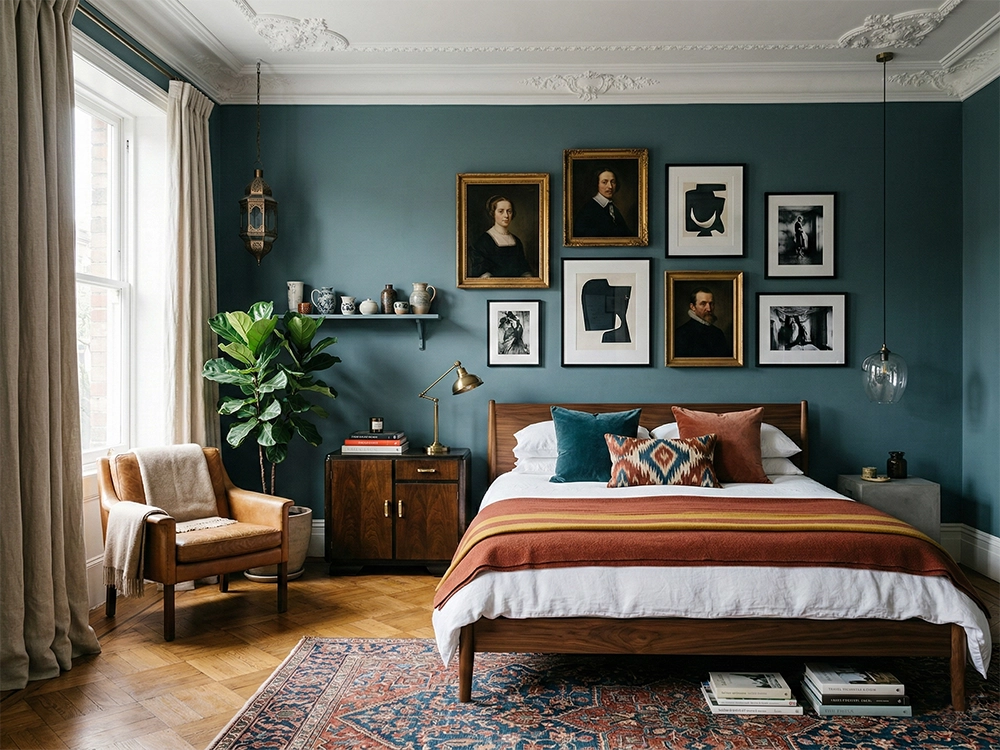 Синие стены деревянная кровать с оранжевым пледом кожаное кресло картины ковер