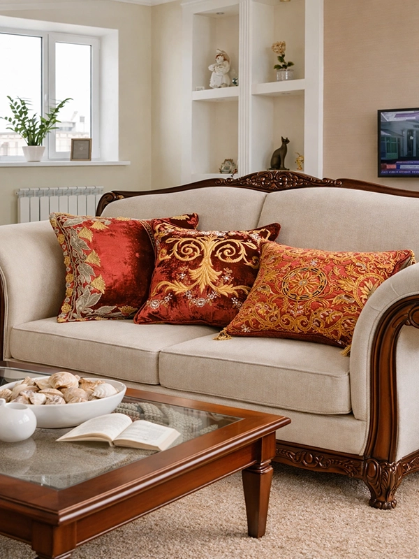 Крупный план декоративной подушки с золотисто-бордовым вензельным узором на светлом фоне