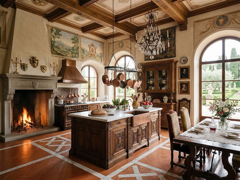 Деревянный остров, медная посуда, каменный камин, фрески на стенах, терракотовый пол на кухне.