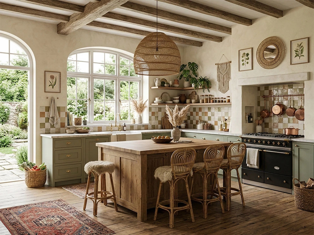 Деревянный кухонный остров, плетеные барные стулья, зеленые фасады, черная плита, окно, потолочные балки.