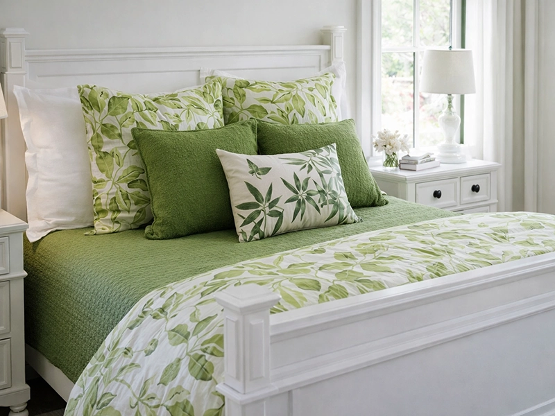 Декоративные подушки с сине-белым орнаментом и классическая настольная лампа на светлой прикроватной тумбочке