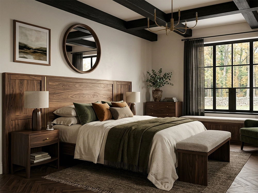 Просторная спальная комната с широким изголовьем кровати из темного дерева, балками и зеленым креслом.