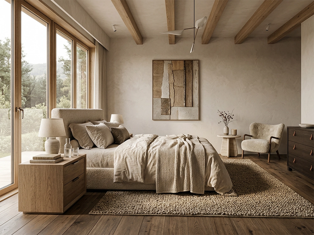 Светлая спальня оформлена открытыми потолочными балками, фактурной двуспальной кроватью и пушистым креслом.