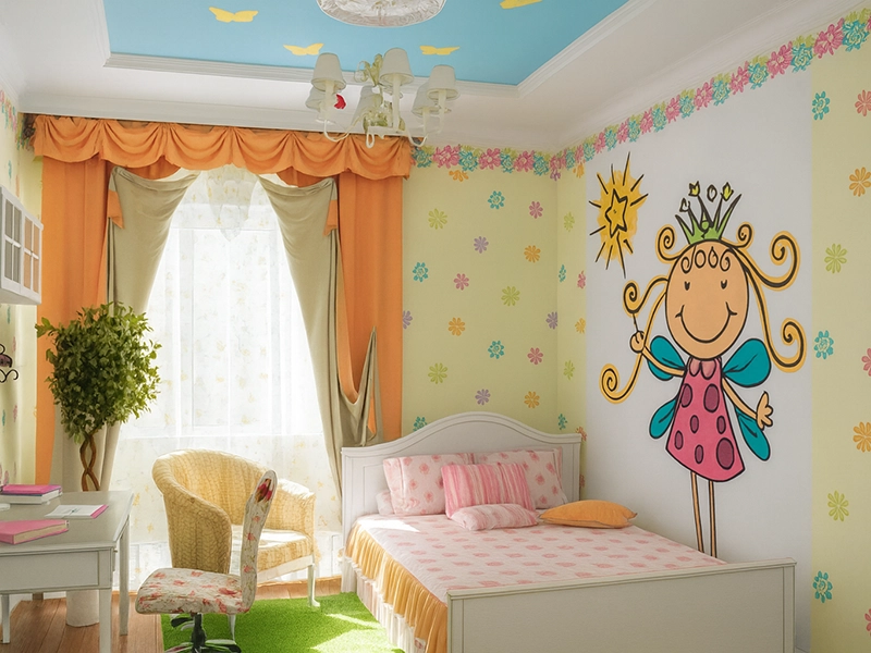 Интерьер детской комнаты с обоями и декоративным бордюром