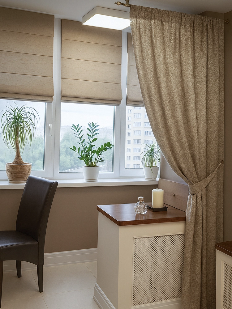 Светлые портьеры с подхватами в проеме кухни