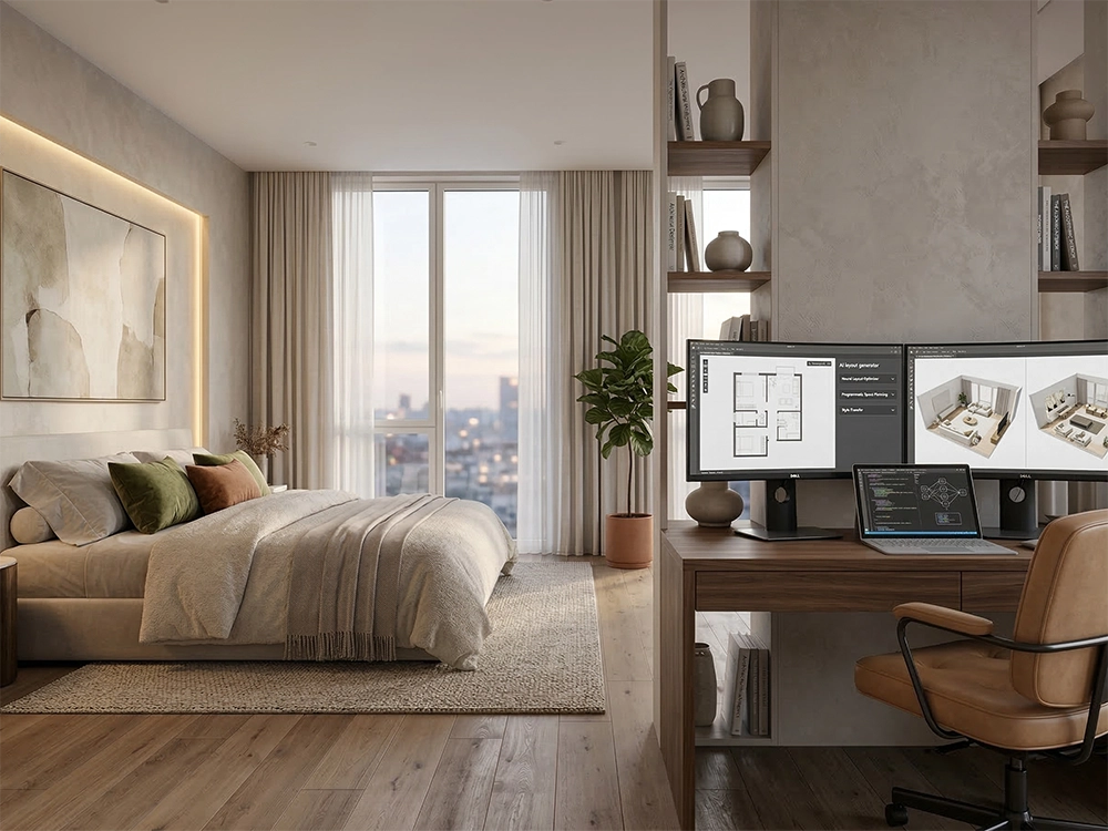 Оборудованное рабочее место с двумя мониторами и ноутбуком располагается внутри светлой уютной спальни.