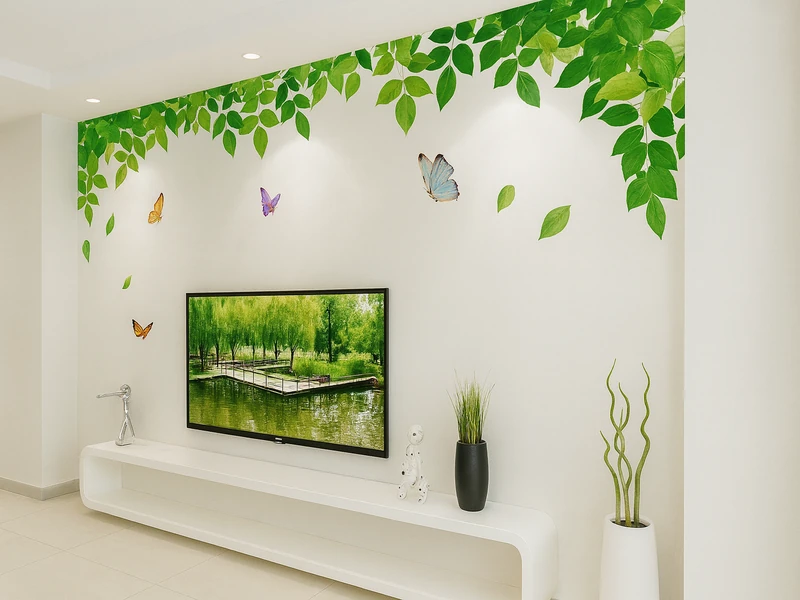 Оформление стены декоративными наклейками с изображением растений или птиц в современном интерьере