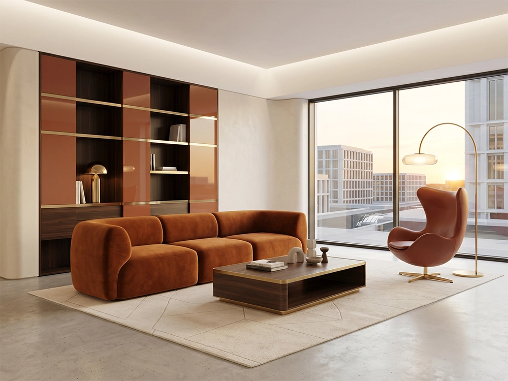 Современная гостиная: терракотовый бархатный диван, кресло-яйцо и панорамное окно на закатный мегаполис