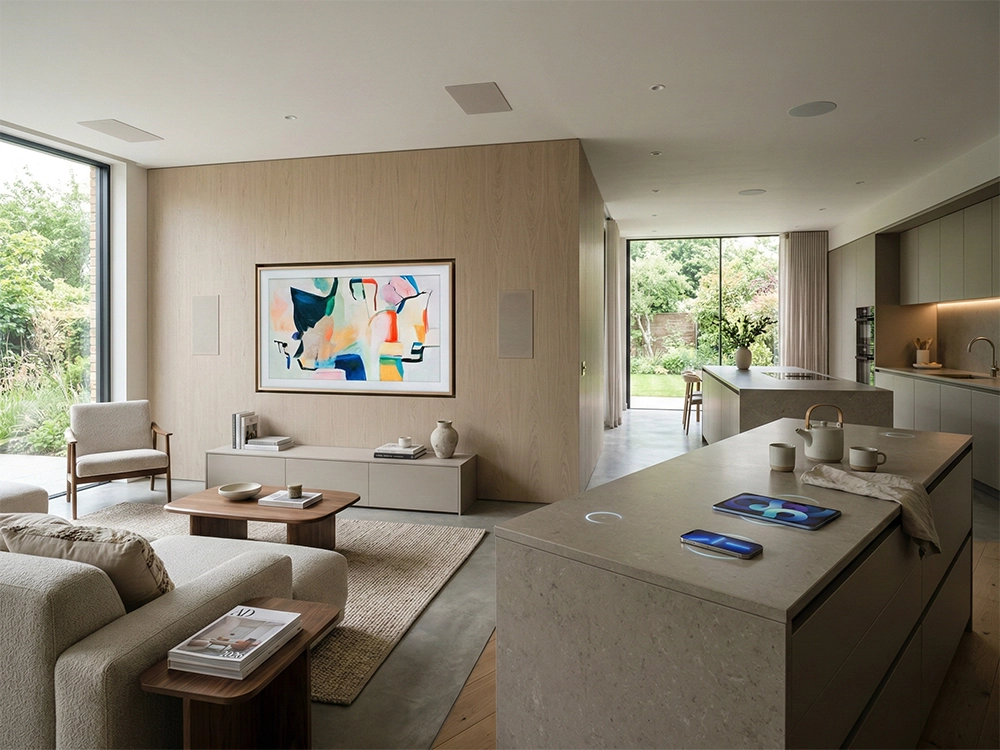 Светлый диван, телевизор на деревянной стене, просторный кухонный остров с двумя смартфонами.